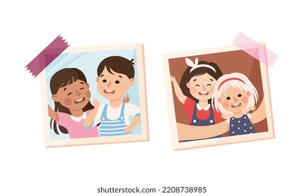 Photo Card or Snapshot with Happy Smiling Children Sticking on the Wall Vector Set