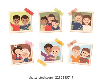 Tarjeta fotográfica o instantánea con niños sonrientes felices pegando en el juego de vectores de pared