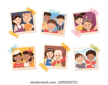 Photo Card or Snapshot with Happy Smiling Children Sticking on the Wall Vector Set