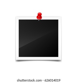 Photo card,frame,film. Retro,vintage photograph with shadow and push pin.Digital snapshot,image.Photography art. Template or mockup for design.Vector illustration on a white background.