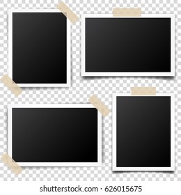 Photo card,frame,film set. Retro,vintage photograph with shadow and tape.Digital snapshot,image.Photography art. Template or mockup for design.Vector illustration on a transparent background.