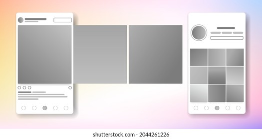 Photo carousel mock up. News feed with photography template. Scroll web tape. Timeline with shots. Set of post images in social media. Blogging app layout. Vector illustration.