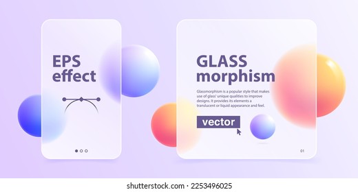 Photo carousel template in glassmorphism effect. Lilac colored social media or presentation concept. Vector illustration. Realistic 3d matte glass frame with colorful floating spheres.