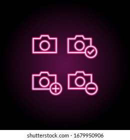 Photo, check, plus, minus sign neon icon. Simple thin line, outline vector of web icons for ui and ux, website or mobile application