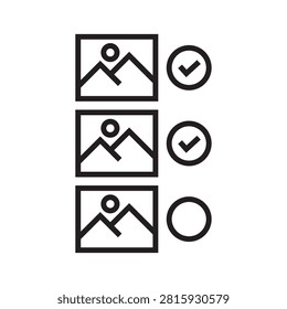 Photo checklist with checkmarks line icon. Image selection list, task or album curation symbol. Vector outline illustration.