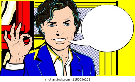 Photo of cheerful attractive young man show ok sign smile recommend cool on Pop Art City color background. Speech balloon empty comic book cartoon bobble. Vector Illustration