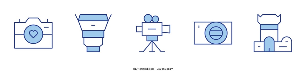 photo, cinema, digital camera, camera, camera lens. Camera Icon vector illustration. Line Duotone style. Editable stroke.