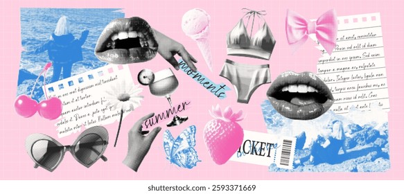 Photo clippings of sea, beach, cherry, butterfly, swimsuit, ice cream halftone art collage cut outs set. Vector collage summer with moments.