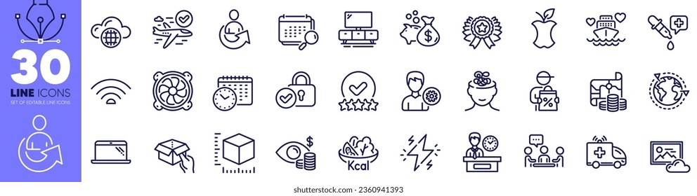 Photo cloud, Honeymoon cruise and Verified locker line icons pack. People chatting, Wifi, Salad web icon. Calendar, Anxiety, Presentation time pictogram. Business vision, Calendar time. Vector