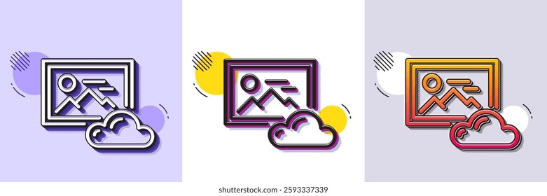 Photo cloud line icon. Halftone dotted pattern. Gradient icon with grain shadow. Images cloud data sign. Picture placeholder symbol. Line photo cloud icon. Various designs. Vector