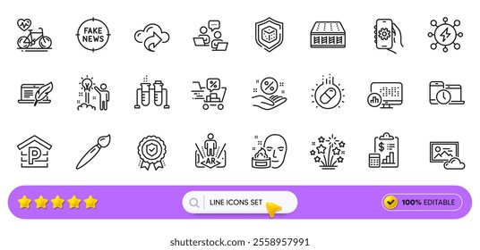 Photo cloud, Time management and App settings line icons for web app. Pack of Fireworks stars, Parking, Discounts cart pictogram icons. Dice, Face cream, Cloud share signs. Search bar. Vector