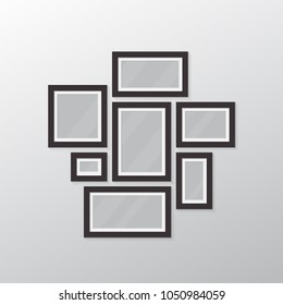 Photo collage from all sizes frames. Template for wall gallery. Modern photo frames. Realistic vector illustration with shadows and gradient. Black empty photo with white border.