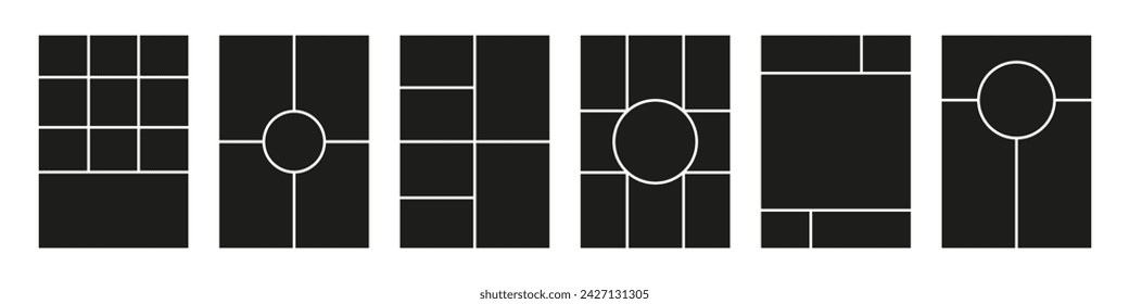 Photo collage black frames collection. Puzzle mood board creative set.