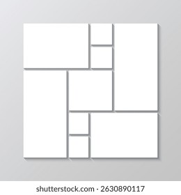 Photo collage brandboard template. Portfolio images mockup. Mood board background. Gallery banner. Scrapbook square layout. Album moodboard grid. Mosaic picture frame. Vector illustration