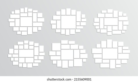 Photo collage grid collection. Album brandboard set. Mood board layout. Moodboard templates. Mosaic pictures frame. Gallery banner. Portfolio images. Abstract forms background. Vector illustration