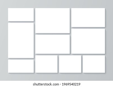 Photo collage grid. Moodboard template. Vector. Mood board design. Mosaic frame banner. Branding presentation. Photography album layout. Pictures isolated on gray background. Simple illustration