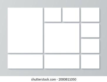 Photo collage grid. Moodboard template. Vector. Mood board banner. Photography album layout. Mosaic pictures. Photomontage frames. Horizontal design of gallery mockup. Simple illustration. 