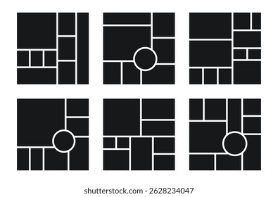 Photo collage grid. Moodboard templates. Mood board banner. Photography album layout. Mosaic scrapbook pictures. Square design gallery mockup. Photomontage frames with circle. Vector illustration
