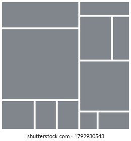 Photo collage grid. Square mood board template. Vector. Moodboard  design. Mosaic frame banner. Gray pictures on white background. Photography album layout. Branding presentation. Simple illustration