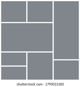 Photo collage grid. Square mood board template. Vector. Moodboard  design. Mosaic frame banner. Branding presentation. Photography album layout. Gray pictures on white background. Simple illustration