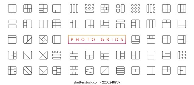 Photo collage grid. Vector. Mood board template. Set of blank moodboard. Pictures on white background. Mosaic frame banner. Photography album layout
