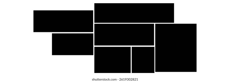 Photo collage grid. Vector. Mood board template. Set of blank moodboard. Pictures on white background. Mosaic frame banner. Photography album layout. Horizontal design of mockup. Simple illustration.