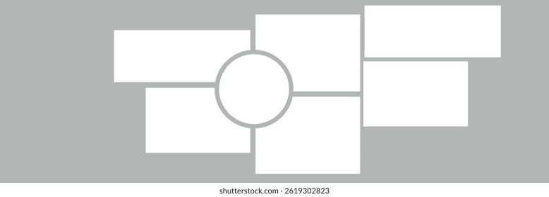 Photo collage grid. Vector. Mood board template. Set of blank moodboard. Pictures on white background. Mosaic frame banner. Photography album layout. Horizontal design of mockup. Simple illustration.