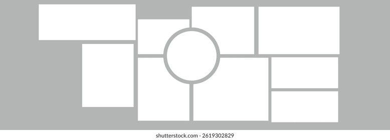 Photo collage grid. Vector. Mood board template. Set of blank moodboard. Pictures on white background. Mosaic frame banner. Photography album layout. Horizontal design of mockup. Simple illustration.