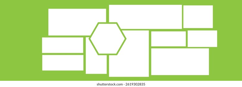 Photo collage grid. Vector. Mood board template. Set of blank moodboard. Pictures on white background. Mosaic frame banner. Photography album layout. Horizontal design of mockup. Simple illustration.
