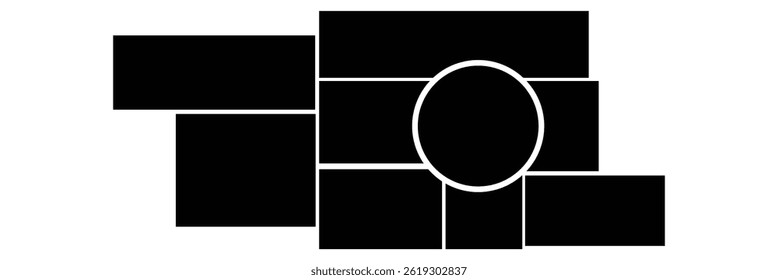 Photo collage grid. Vector. Mood board template. Set of blank moodboard. Pictures on white background. Mosaic frame banner. Photography album layout. Horizontal design of mockup. Simple illustration.