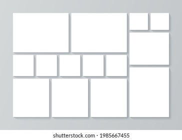 Cuadrícula de collage de fotos. Vector. Plantilla de Moodboard. Tabla de humor en blanco. Mosaico de los marcos de imagen. Disposición del álbum de fotografías. Fondo horizontal. Diseño de mordazas. Ilustración simple.