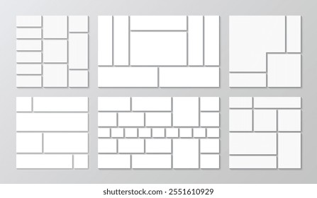 Layout de colagem de fotos. Quadrícula de imagens do painel de atmosfera. Conjunto de quadros da placa de humor. Coleção de modelos de mosaico. Imagens de portfólio isoladas em plano de fundo cinza. Álbum com a marca. Ilustração vetorial