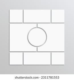 Photo collage template with circle in center. Moodboard grid. Mood board layout. Mosaic pictures frame. Empty album brandboard. Retro gallery background. Portfolio images. Vector illustration.