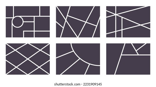 Fotocollage-Vorlage, leerer schwarzer Muster für Fotomontage. Fotorahmenkollektion oder Moodboard, Mosaikbildergalerie für die Präsentation, Vektorgrafik.