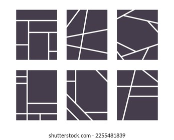 Plantilla de collage de fotos, maquillaje negro vacío para montaje de fotos. Colección de cuadros fotográficos o tablero de modelos, galería de imágenes de mosaicos para presentación, ilustración vectorial.