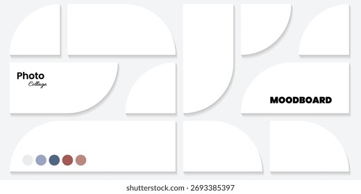 Photo collage template featuring geometric curved shapes and color palette for web presentation
