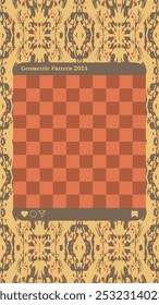 Photo collage template with geometric background.  Shades of orange, brown, yellow, and green. Transparent central grid for photos or text. For digital scrapbooking, personalized photo projects.