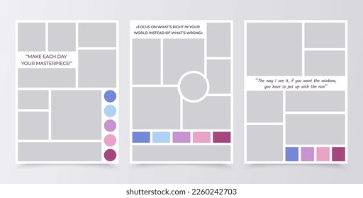 Photo collage template. Mood board layout. Mosaic pictures album grid. Moodboard background. Scrapbook images. Set photomontage frames. Poster design with colour palette and quote. Vector illustration