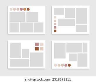 Photo collage template. Mood board layout. Mosaic picture grid background. Photo frame mockup with color palette and quote. Vector illustration