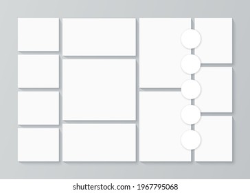 Photo collage template. Moodboard background. Vector. Mosaic frame banner. Picture grid. Mood board. Photography album layout. Branding presentation. Minimalist illustration. Photoframe mockup