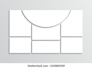 Photo collage template. Moodboard background. Mood board. Mosaic pictures frame. Simple scrapbook layout. Empty gallery banner. Retro album brandboard. Portfolio images. Vector illustration