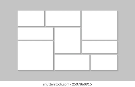 Photo collage template. Moodboard grid layout design. Blank pictures frame. Photography album background.  Portfolio images. Vector illustration
