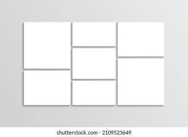 Photo collage template. Moodboard layout. Mood board background. Mosaic picture frame. Scrapbook grid. Gallery banner. Album brandboard. Retro photoframe. Portfolio images isolated Vector illustration
