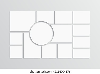 Photo collage template. Moodboard layout. Mood board background. Mosaic picture frame. Scrapbook grid. Gallery banner. Retro photoframe. Album brandboard. Portfolio images isolated Vector illustration
