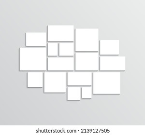 Photo collage template. Moodboard layout. Mood board background. Mosaic picture frame. Gallery banner. Scrapbook grid. Album brandboard. Retro photoframe. Portfolio memory images. Vector illustration