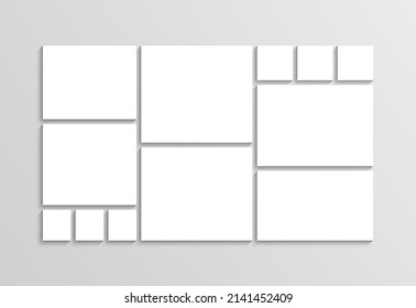 Photo collage template. Moodboard layout. Mood board background. Mosaic picture frame. Scrapbook grid. Gallery banner. Portfolio images mockup. Album brandboard. Retro photoframe. Vector illustration