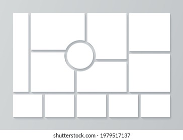 Photo collage template. Moodboard. Vector. Pictures grid with circle. Mosaic photo frames. Mood board background. Photography album layout. Horizontal mockup. Minimalist, simple illustration.