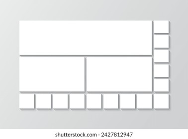 Photo collage template. Scrapbook square layout. Portfolio images mockup. Moodboard grid. Album brandboard. Mosaic picture frame. Mood board background. Gallery banner. Vector illustration