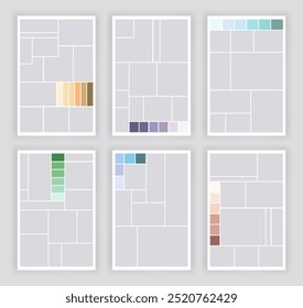 Photo collage template set. Album brandboard, set portfolio images. Mood board backgrounds. Mosaic picture frames. Gallery banners. Vector illustration