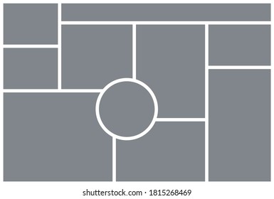 Photo collage template. Vector. Mood board with circle. Picture grid. Mosaic frame banner. Moodboard background. Photography album layout.  Horizontal design of mockup. Simple illustration.